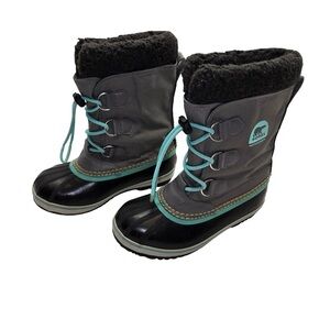 Sorel Waterproof Snow Boots Gray Teal Faux Fur Kids Size 3